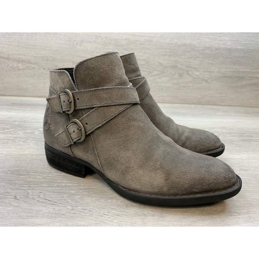 Born Grey Suede Ankle Moto Boots Double Buckle Zip Women's 6 Casual Shoes